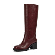 ISNOM Burgundy Knee High Boots for Women Square Toe Block Heel Riding Boots with Chunky Non-Slip Lug Sole Side Zipper Comfortable Campus Platform Tall Boot (Burgundy Size6)