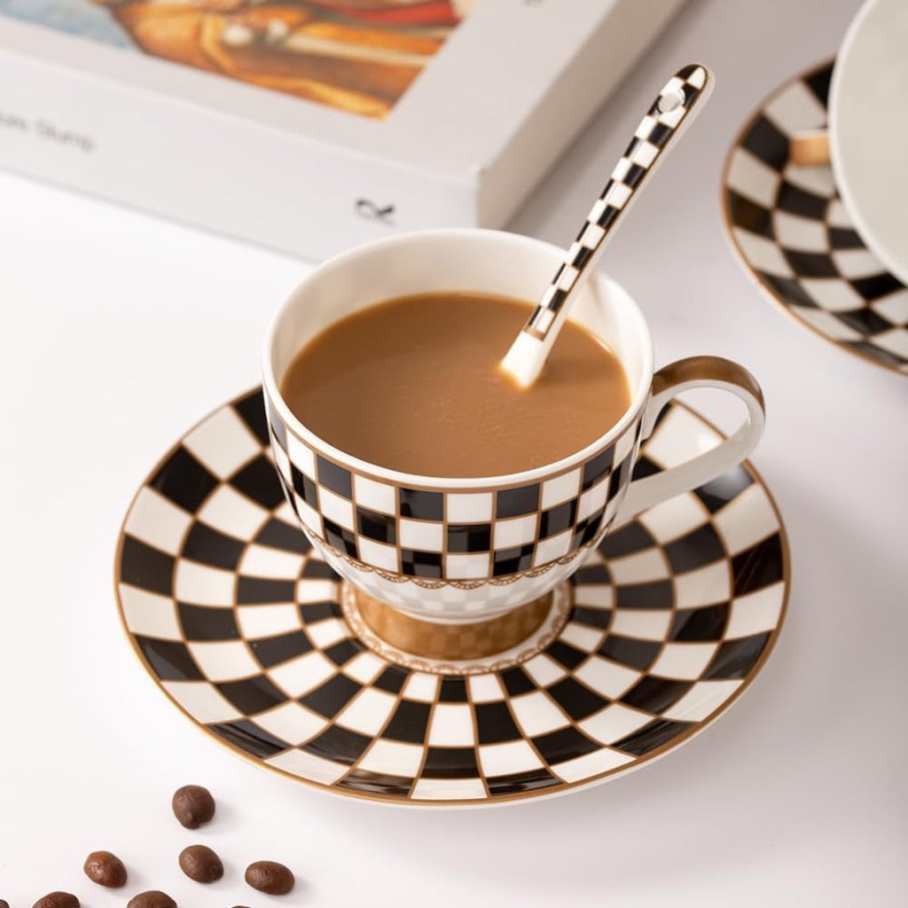 Porlien Black and White 6oz Porcelain Checker Van Gogh Cups and Saucers - Set of 6 +Coffee Spoons