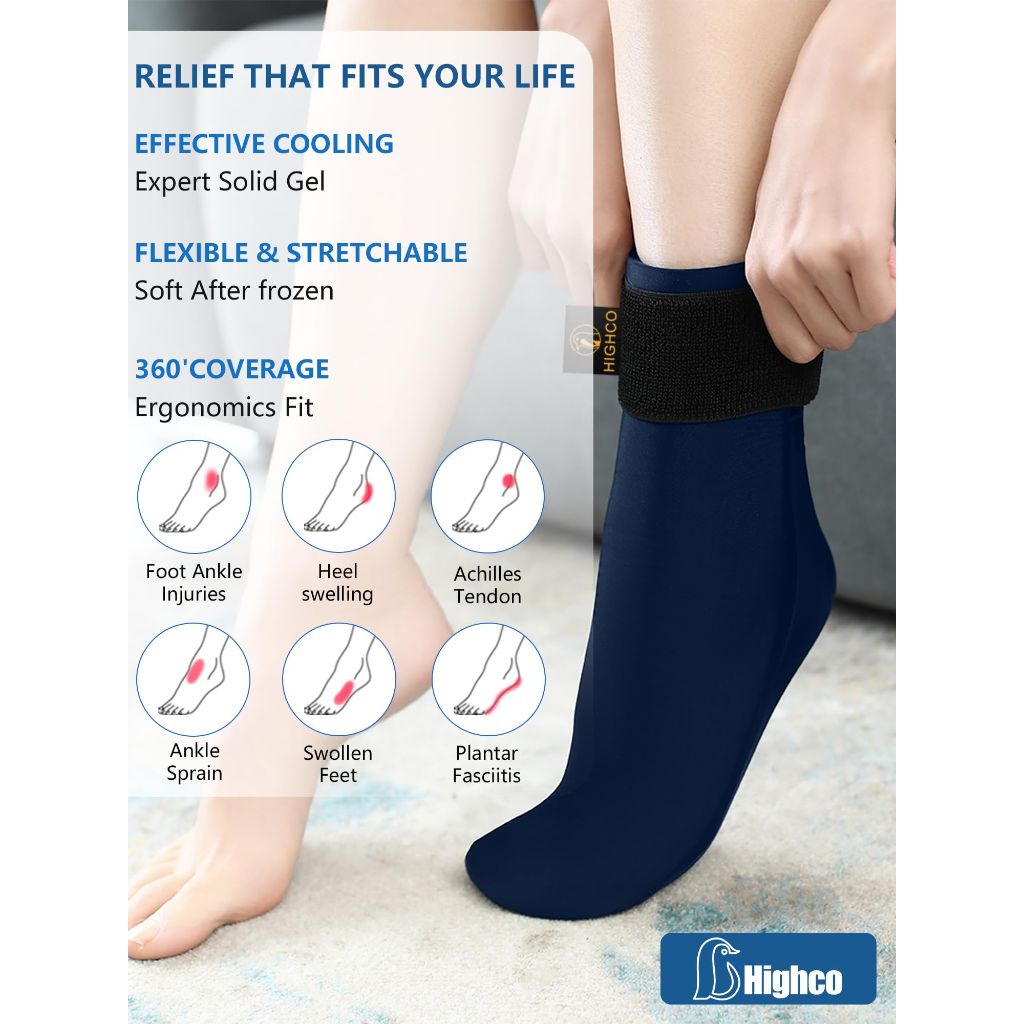 Highco Ankle Ice Pack Wrap for Swelling and Injuries Recovery, Cooling Ice Sock for Foot, Ice Pack for Ankle Compression, Navy Blue