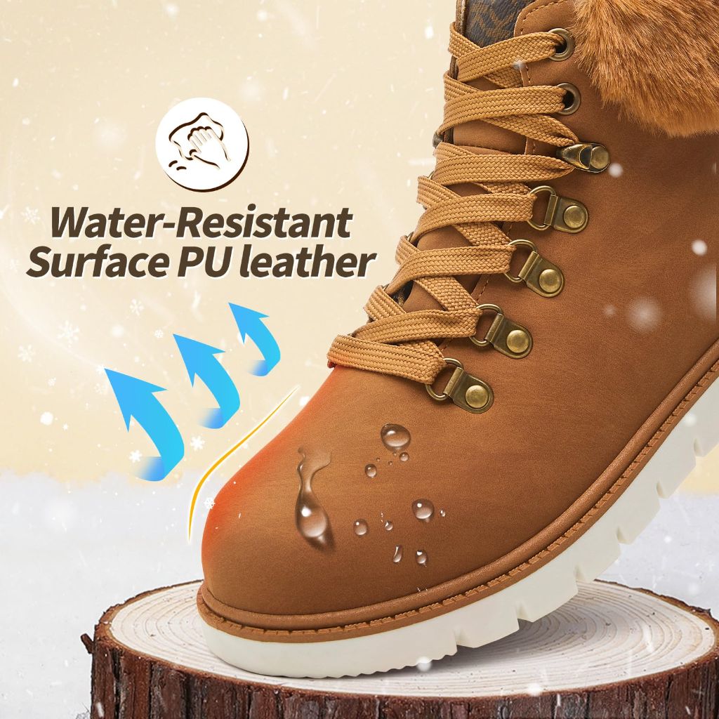 POVOGER Women’s Black Combat Boots Warm Fur Lined, Camel - size 9