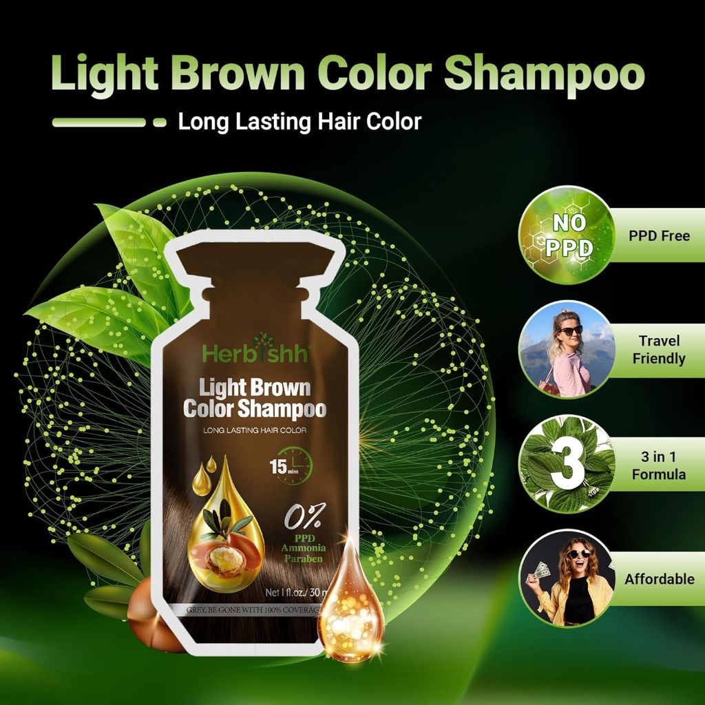 Herbishh Light Brown Hair Shampoo, Hair Color for Gray Coverage, 3 in 1 Hair Dye Shampoo - 30mlx10p