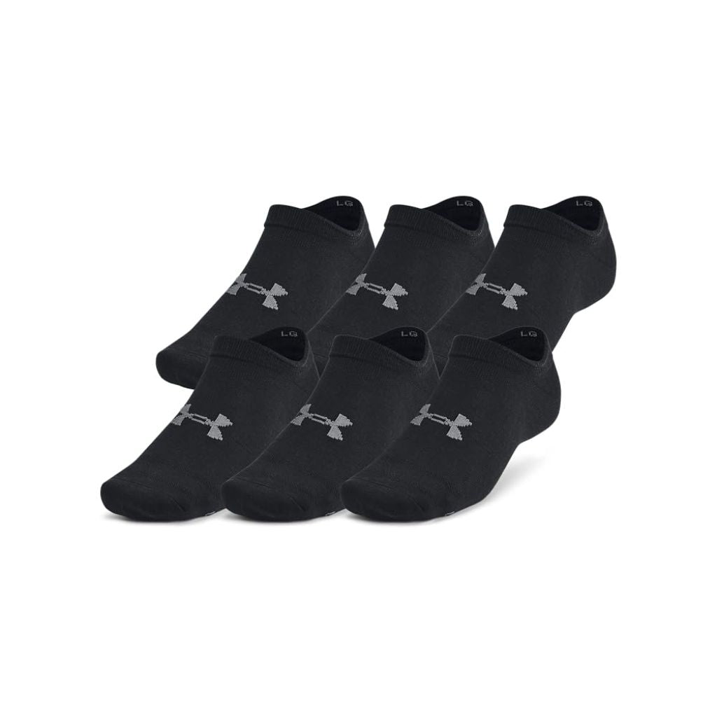 SZ L, Under Armour Unisex-Adult Essential No Show Socks 6 Pack, (001) Black/Black/Castlerock