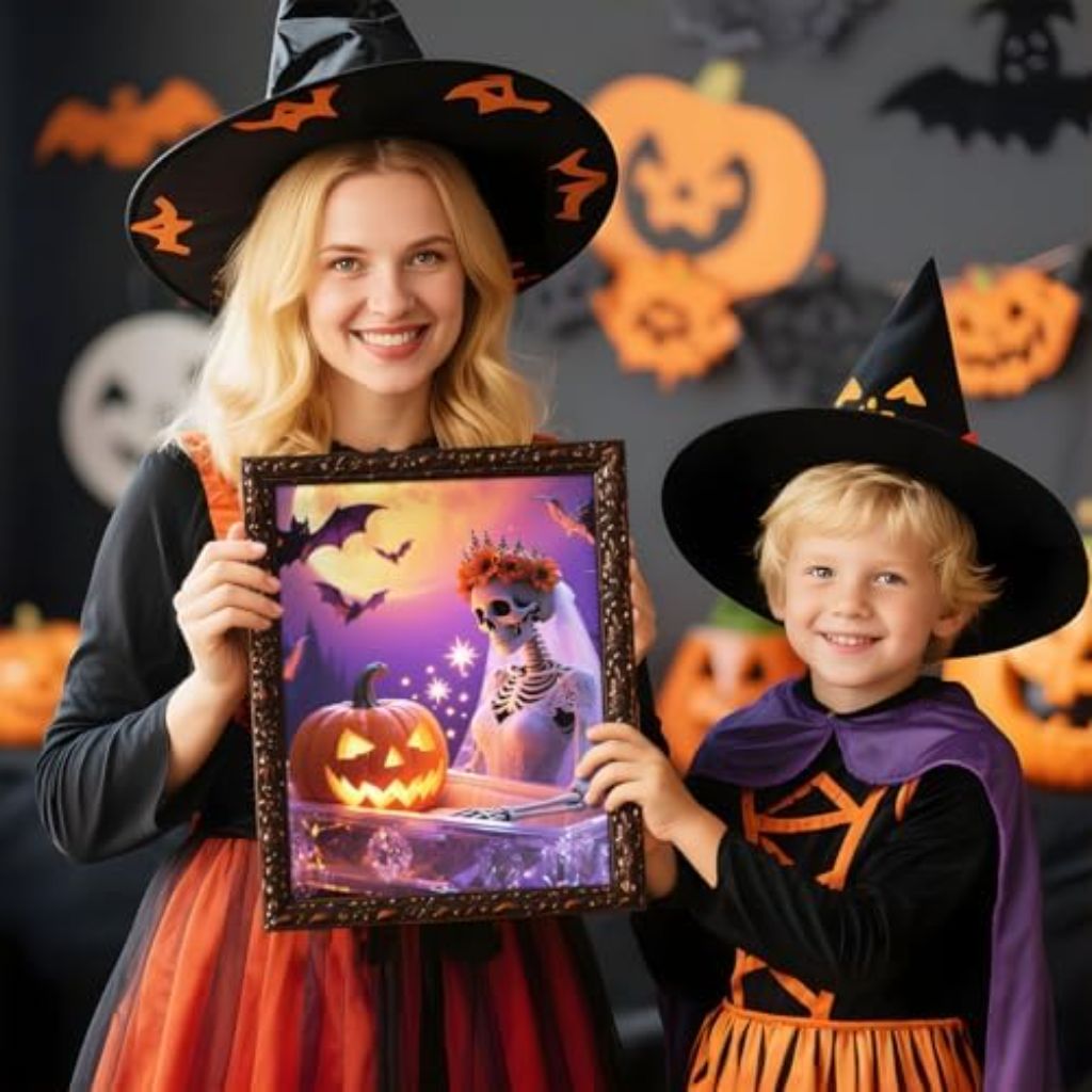 5D Diamond Art Kits for Adults, Halloween Diamond Art with Skeleton Bride, Bat, Jack-o'-Lantern Pattern, 12x16 Inch DIY Diamond Painting Kit for Home Wall Decor Ornaments Craft Gift