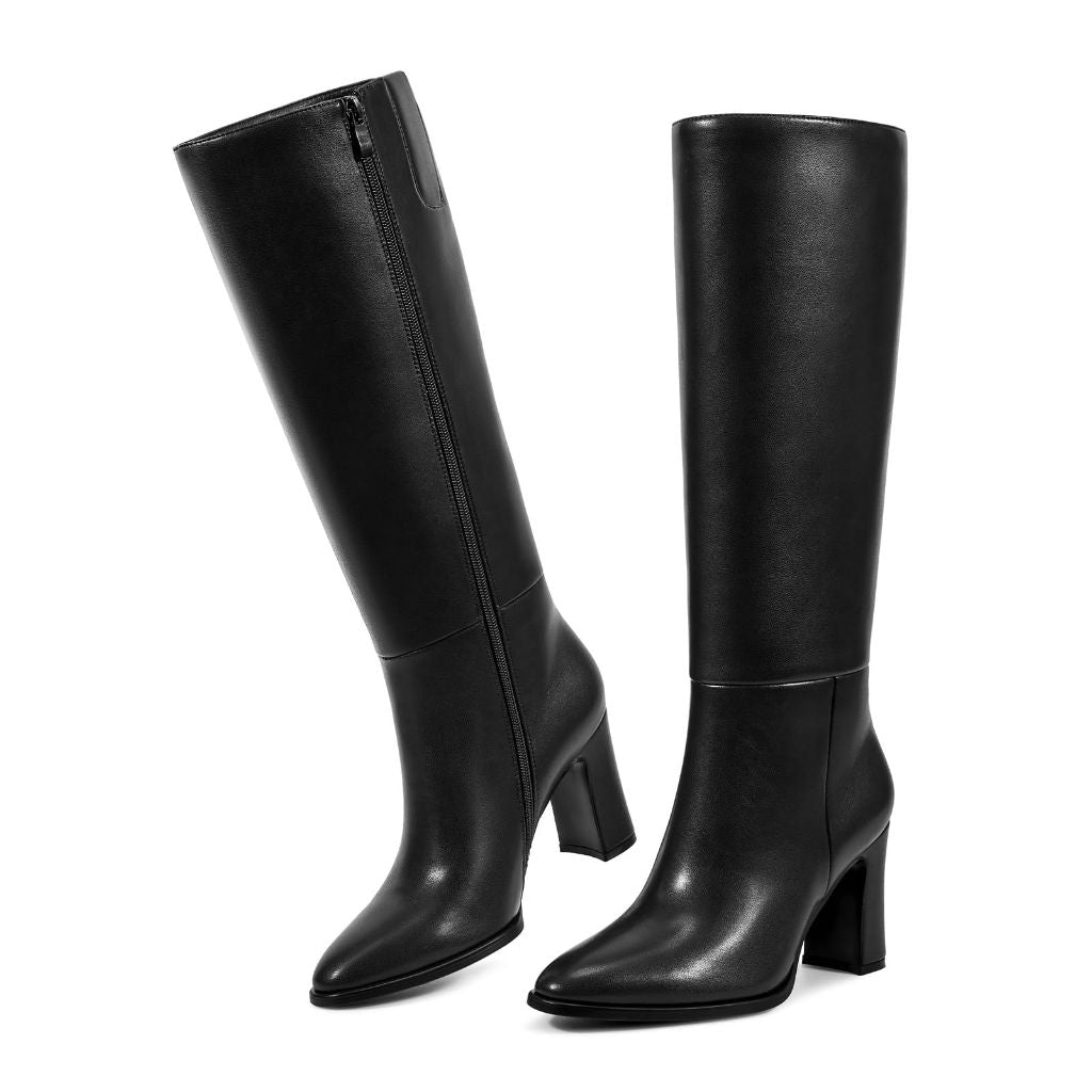Wetkiss Womens Knee High Boots Square toe Kitten Heel Boots with Zipper Cherry Red Tall Boots Fashion Dress Long Boot Fall Winter Faux Leather Chunky Boot for Women, Size 9