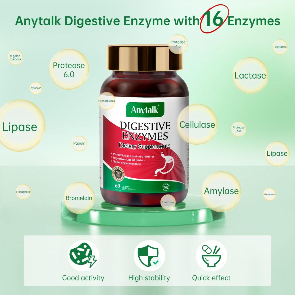 ANYTALK Digestive Enzymes - with Probiotics & Prebiotics Organic Super Enzymes Digestion | 60 Capsules