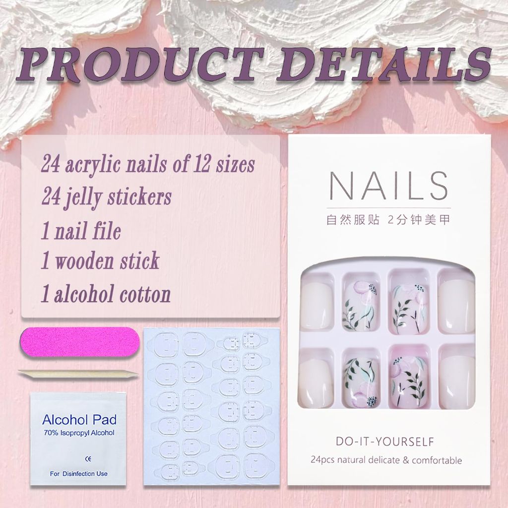 SWEKKE Short Square Press-on Nails White Full Cover Flower False Nails with Green Leaves Designs 24Pcs