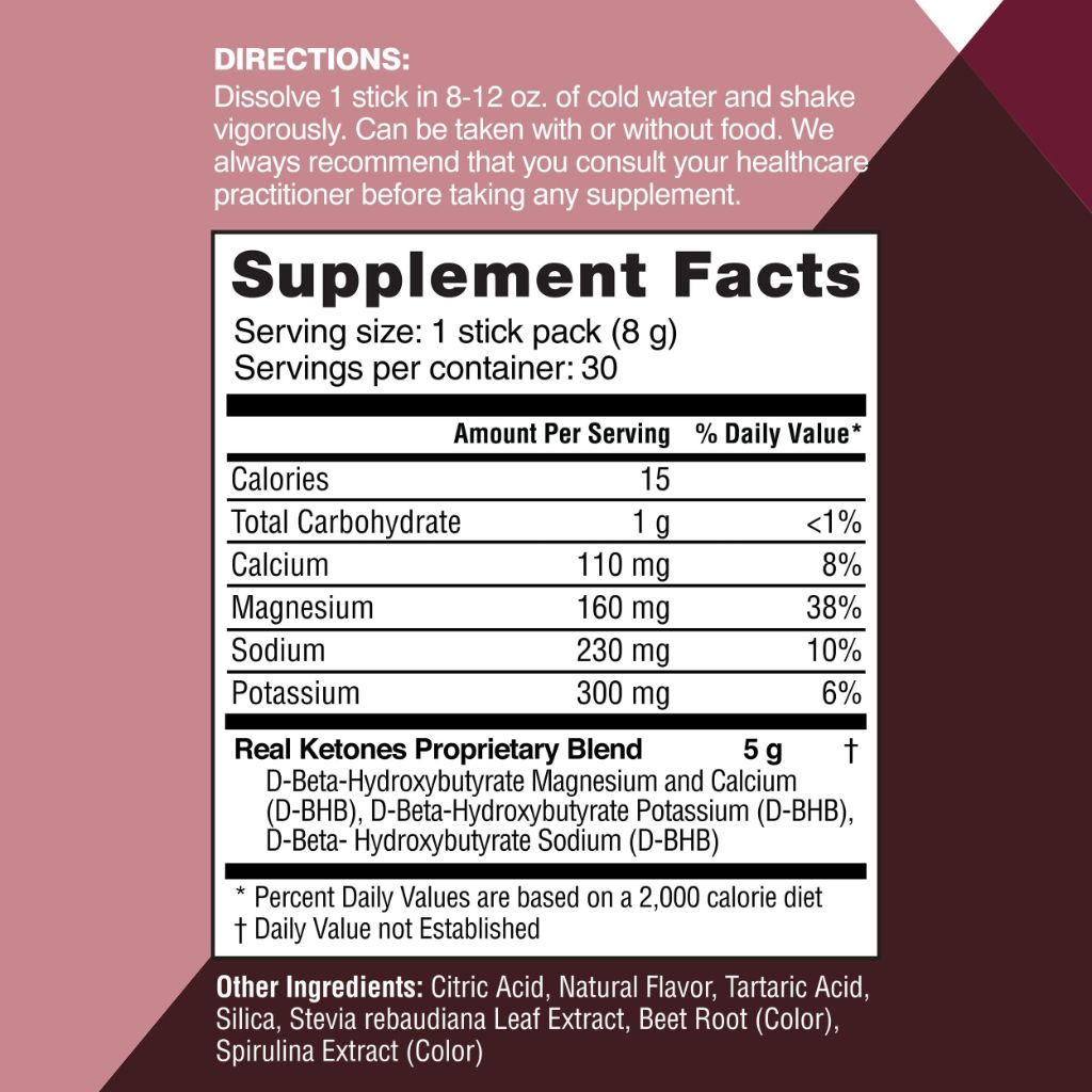 Real Ketones BHB Exogenous Ketones Drink Mix Packets - 30 Count Black Cherry