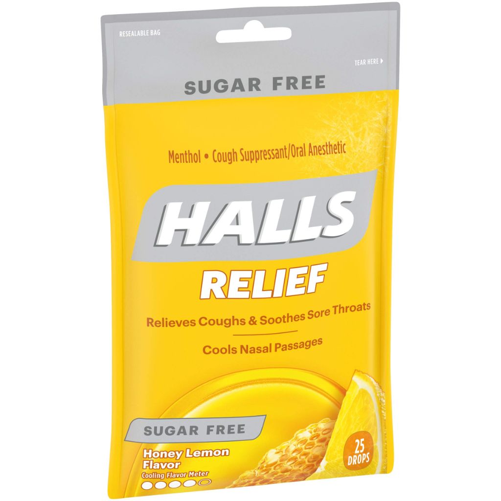 HALLS Relief Sugar Free Honey-Lemon Flavor Cough Drops, 1 Bag (25 Total Drops)