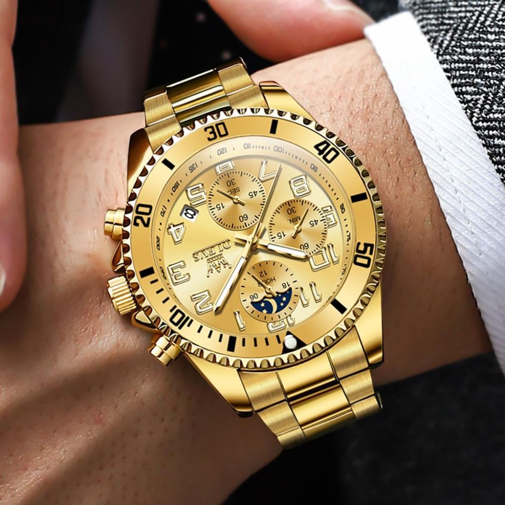 OLEVS Men's Waterproof Luxury Big Face Watch - Stainless Steel, Gold Tone