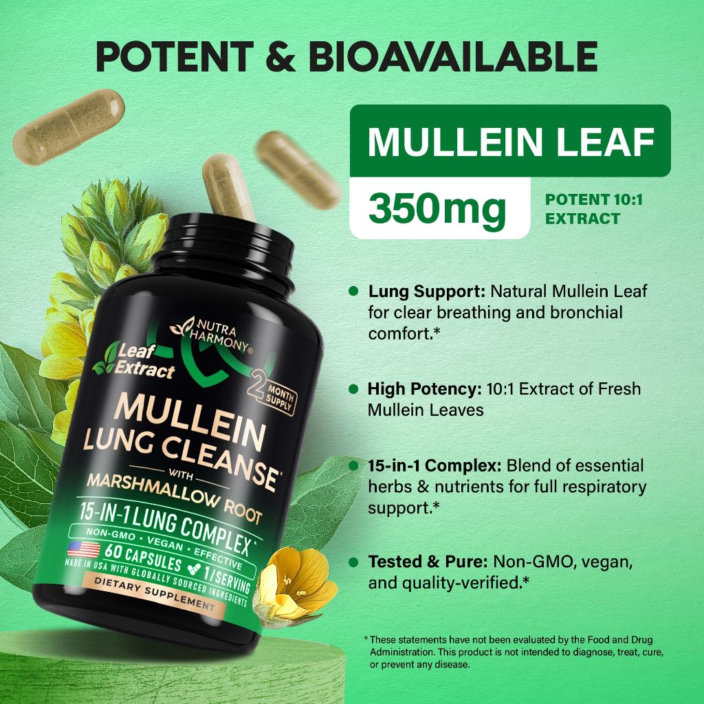 Mullein Lung Detox - Mullein Leaf 10:1 Extract - Marshmallow Root | Echinacea | Oregano | Quercetin | NAC - 15-in-1 Lung Support & Cleanse for Smokers Supplement - Made in USA - As Drops - 60 Capsules