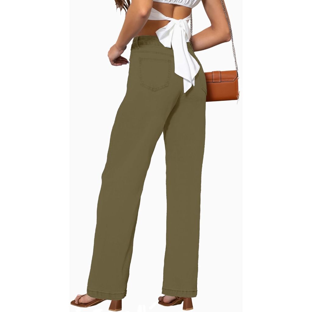 ETTELO Women's Mid Waisted Straight Leg Jeans (US, 4, Army Green)
