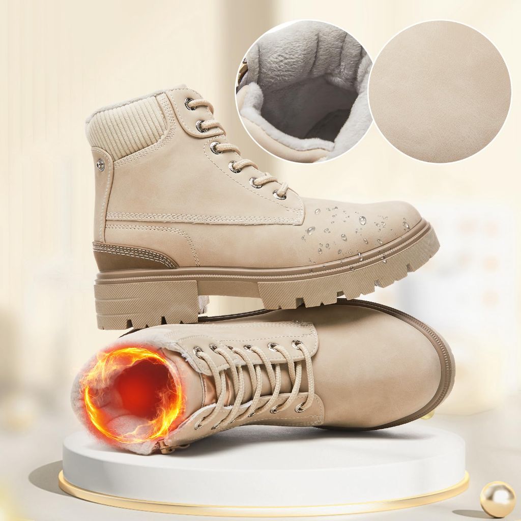 FINIWOR Ankle Boots for Women Hiking Boot Women Combat Boots Lace Up Womens Snow Boots Waterproof Fur Winter Boots Black Boots.(Khaki.US10)