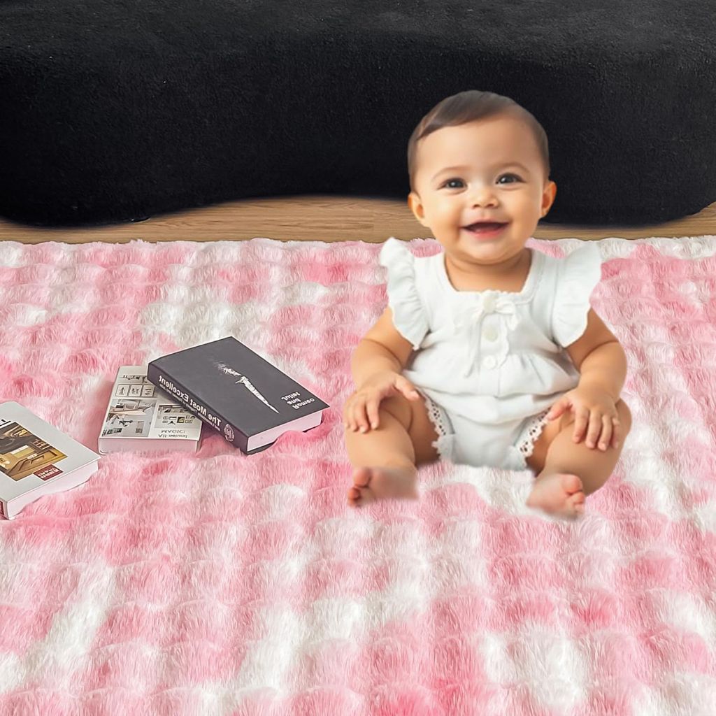 Pink White Rabbit Plush Area Rug , 8'X10'