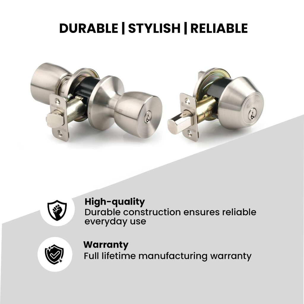 BRINKS - Bell Style Keyed Entry Door Knob and Single Cylinder Deadbolt Set, 2-Pack - Keyed Alike, Satin Nickel