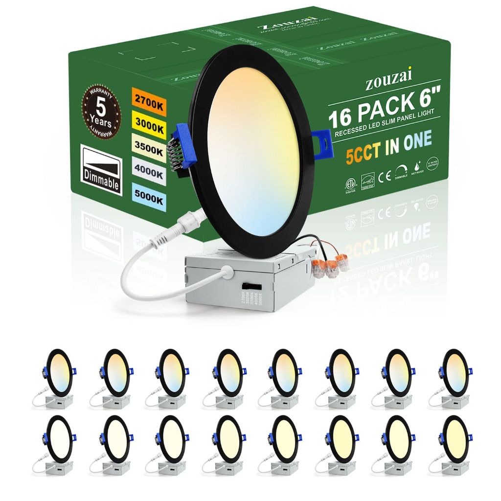 Zouzai 16 Pack Black 6 Inch Ultra-Thin LED Recessed Light with Junction Box - ETL and Energy Star Certified