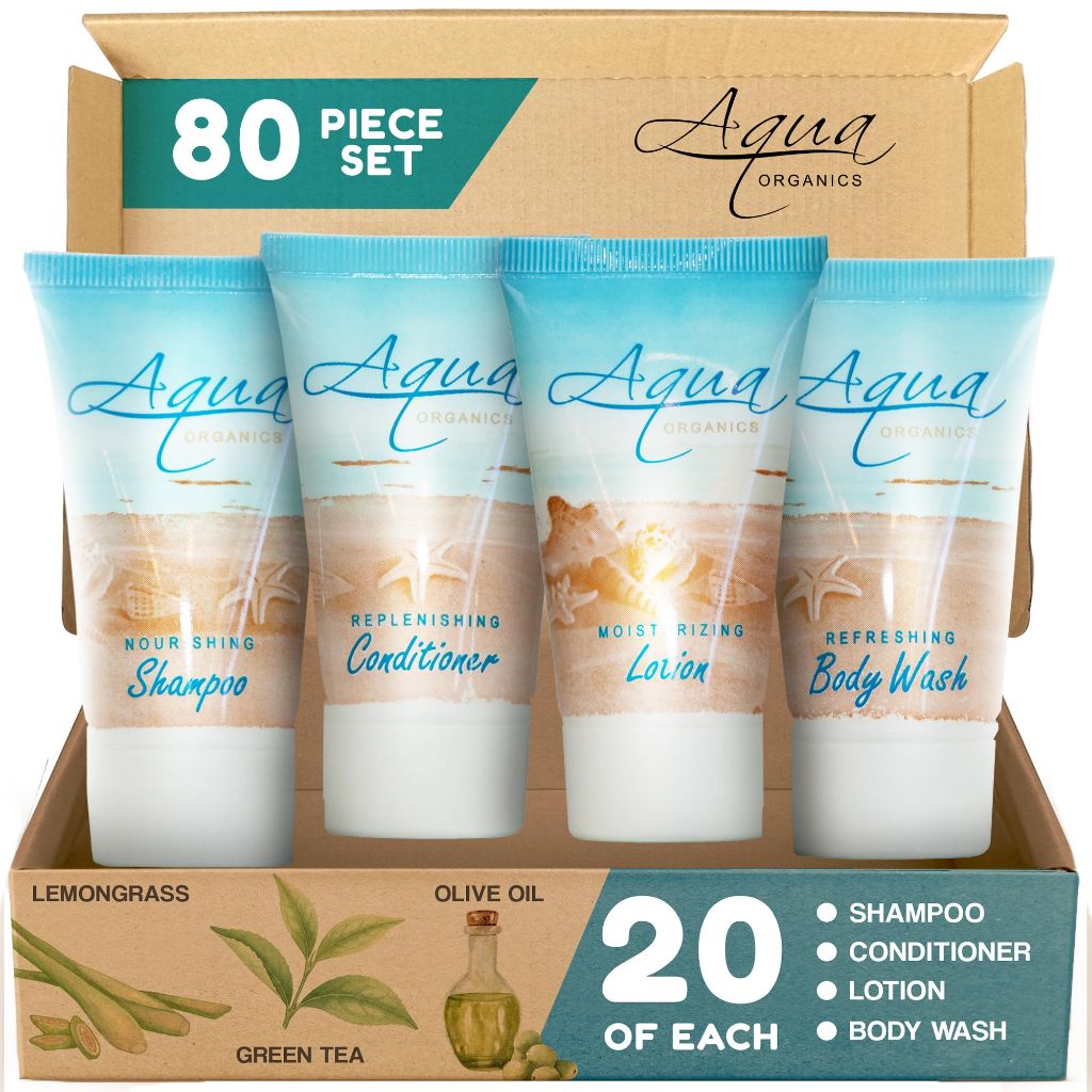Aqua Organics Hotel Soaps & Toiletries Bulk Set, 1oz Shampoo & Conditioner, Body Wash, Lotion - 80pcs
