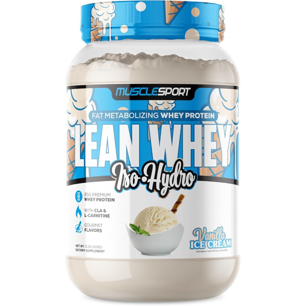 MuscleSport Lean Whey Iso-Hydro Protein Powder, Vanilla Ice Cream, 2lbs