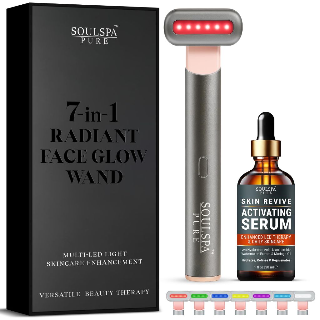 Soulspa Pure 7 in 1 LED Light Wand for Face, Neck & Eye – Silver with Activating Serum