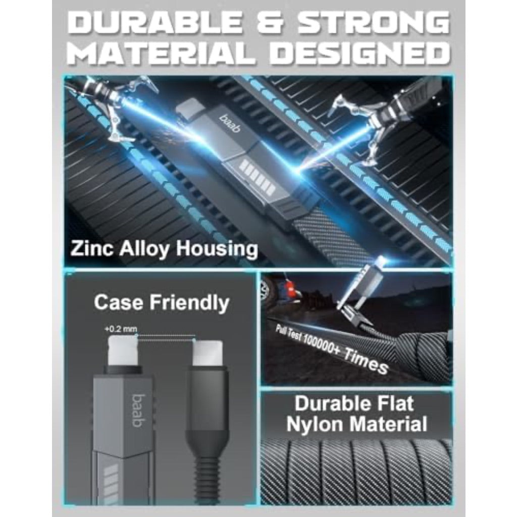 baab 4 in 1 USB C Charging Cable, [100W, 5ft] Lightning Cable USB C Cord Flat Nylon Braided Fast Charging Cord with Multi L/Type C/USB A Port for iPhone iPad Samsung