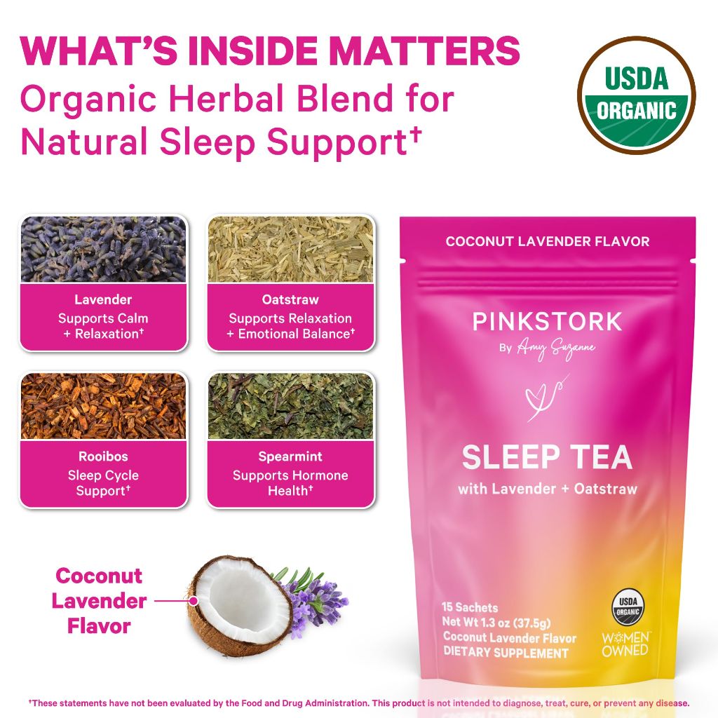 Pink Stork Organic Sleep Tea - Melatonin-Free - Calming Lavender Coconut Herbal Tea to Naturally Support Sleep - 15 Sachets
