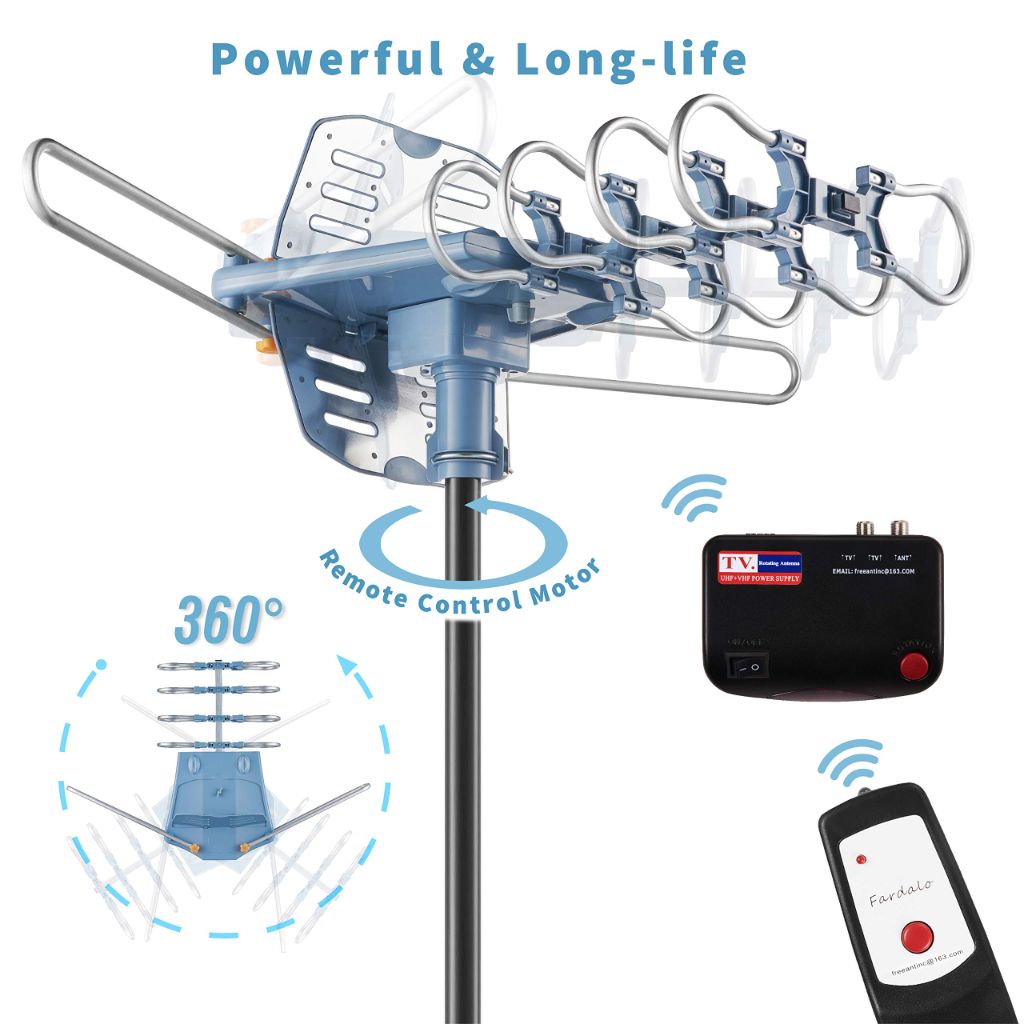 2019UPDATED-150 Miles-Amplified Outdoor TV Antenna-4K/1080p High Reception+40FT RG6 Cable-360°Strong Motor Rotation Wireless Remote- Snap On Installation+2TV Function