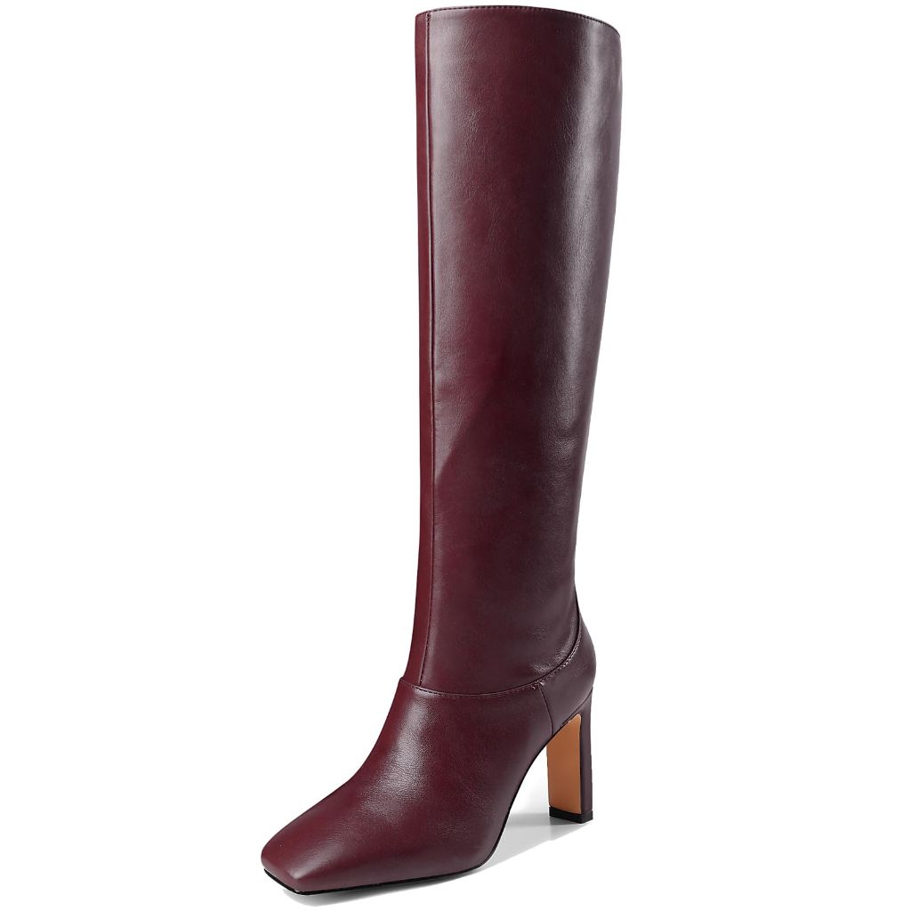 YIYA Women's Burgundy Cherry Red Knee High Boots for Fall Square Toe Chunky High Heels Dark Red Long Boots Pull On