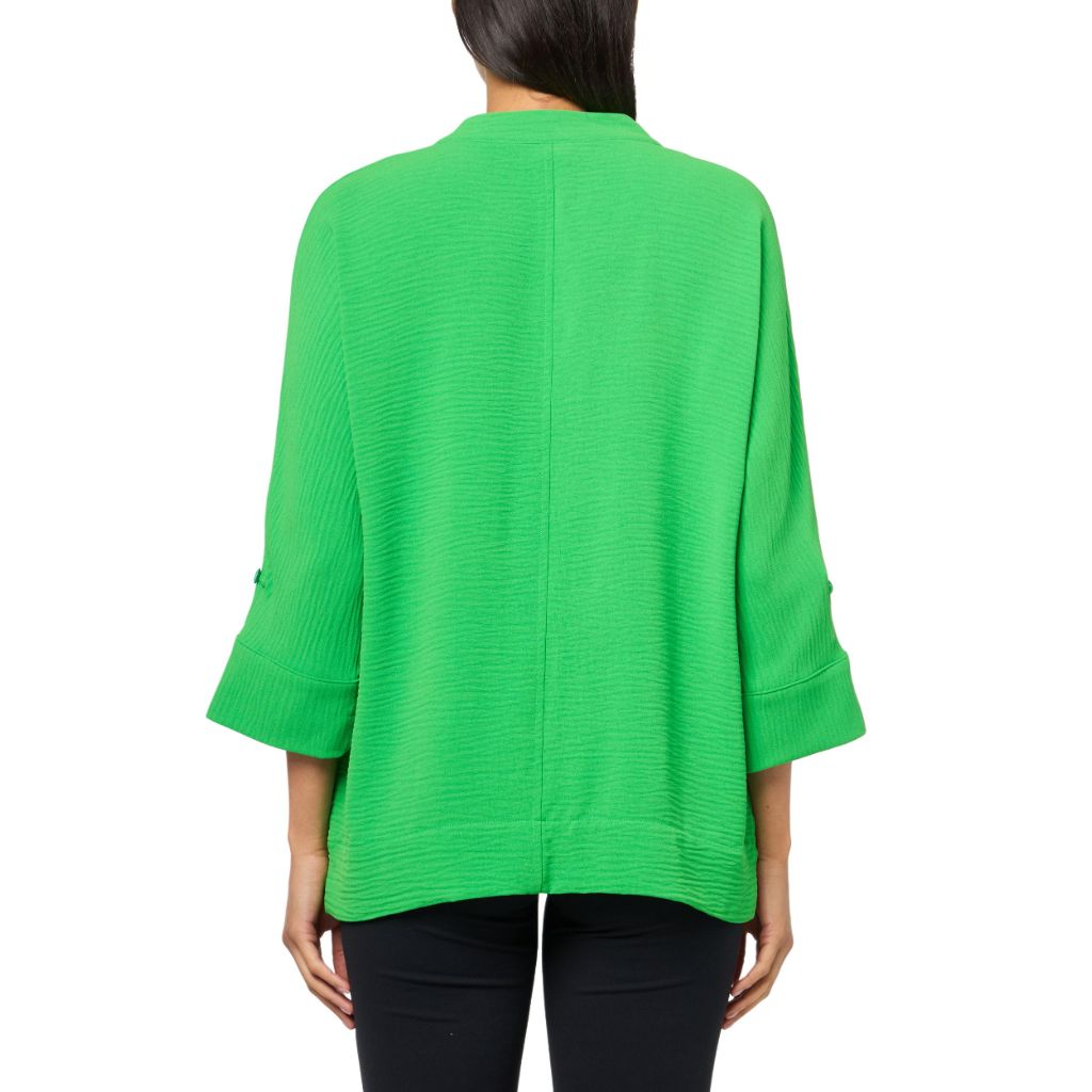 SZ XL, MULTIPLES Women's Roll Tab Cuffed Dolman Sleeves Y-Neck Band Collar Top | Classic Green