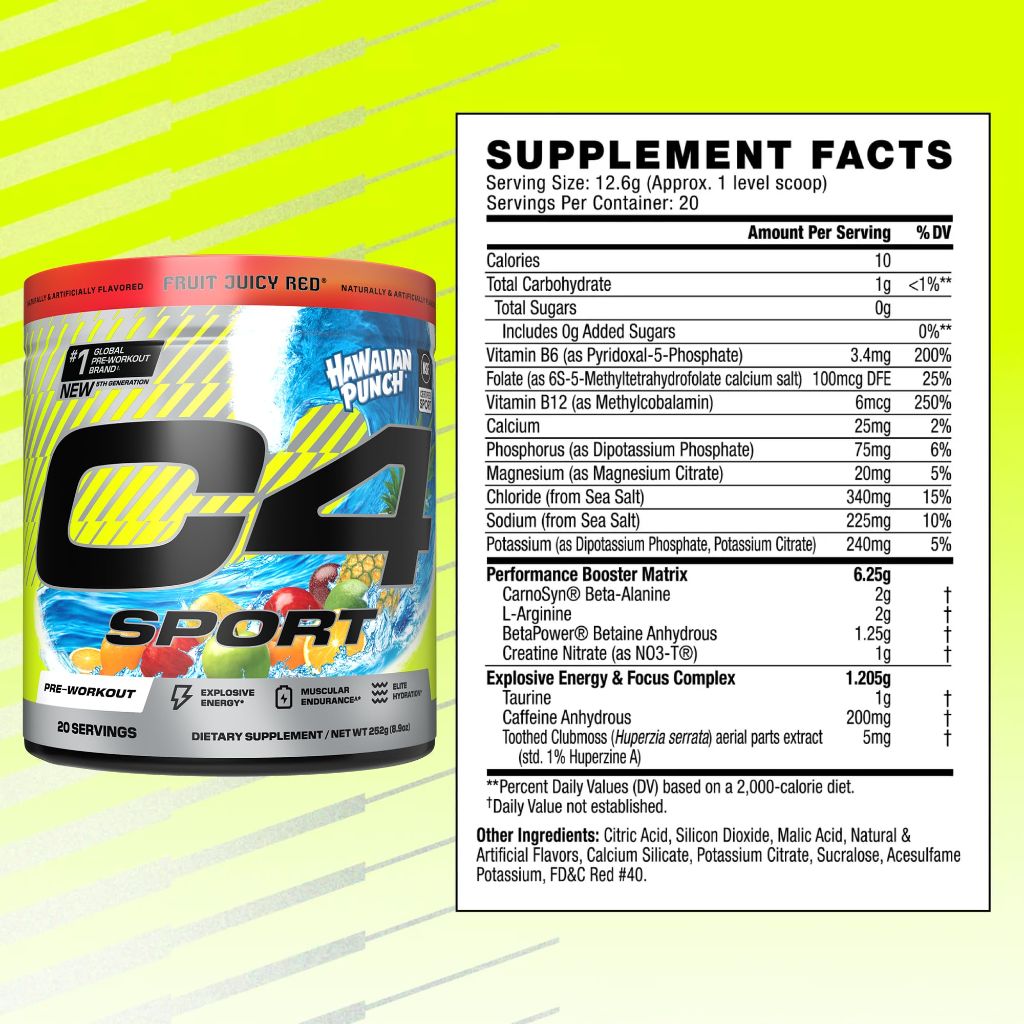 C4 Sport Pre Workout Powder - NSF Certified for Sport - Elite Hydration - Hawaiian Punch, 20 Servings