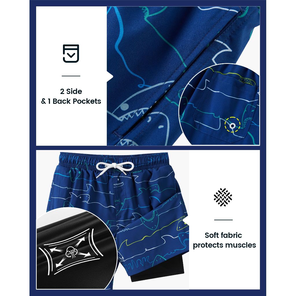 Angel season Boys Swim Trunks with Compression, Whale Blue - Size 11-12 Years