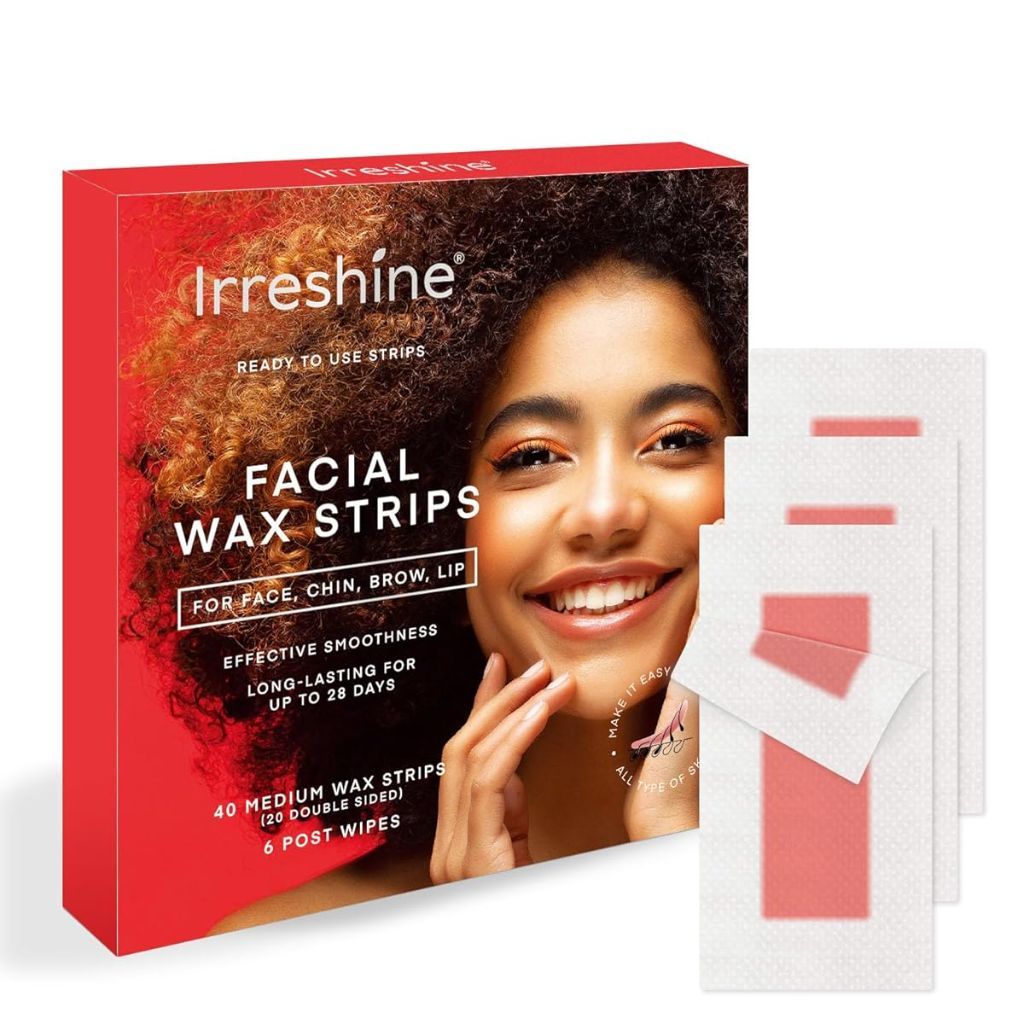 Irreshine Facial Wax Strips for Upper Lip, Eyebrow, Chin - 40 Medium Strips with 6 Wipes