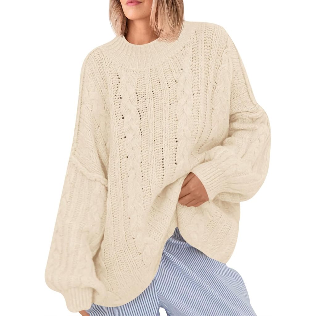 Saodimallsu Womens Oversized Sweaters Chunky Cable Knit Crew Neck Casual Long Lantern Sleeve Fall Tunic Sweater Tops
