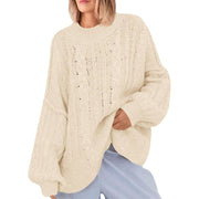 Saodimallsu Womens Oversized Sweaters Chunky Cable Knit Crew Neck Casual Long Lantern Sleeve Fall Tunic Sweater Tops