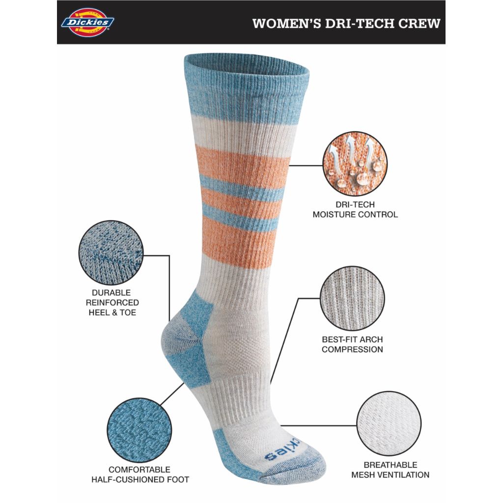 Dickies Women's Dri-Tech Fashion Moisture Control Crew Socks (5/6/12 Pairs) (S-XL), Oatmeal Assorted (6 Pairs), Medium