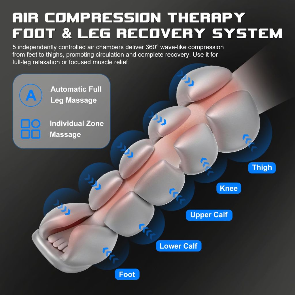 Belhope Leg Massager for Circulation and Pain Relief,Full Leg Massage 5-Zone for Varicose Veins, 3 Timers,12 Intensity,6 Modes,Air Compression Boots Recovery Calf Thigh Foot Massage for Athletes,Black