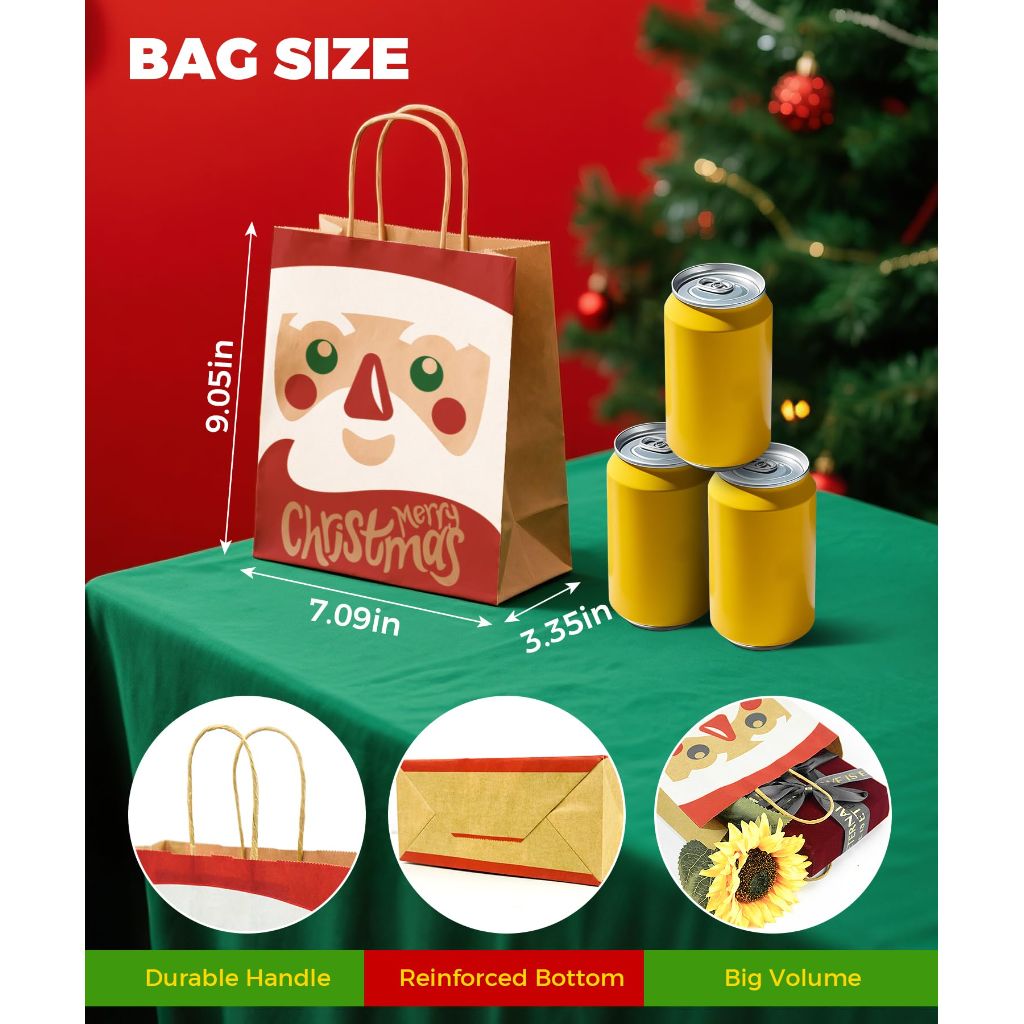 Sipthene 24 Pack Christmas Gift Bags with Handles, Kraft Paper Goody Treat Bags for Holiday Present Wrapping (6 Designs, 9" x 7" x 3.3")