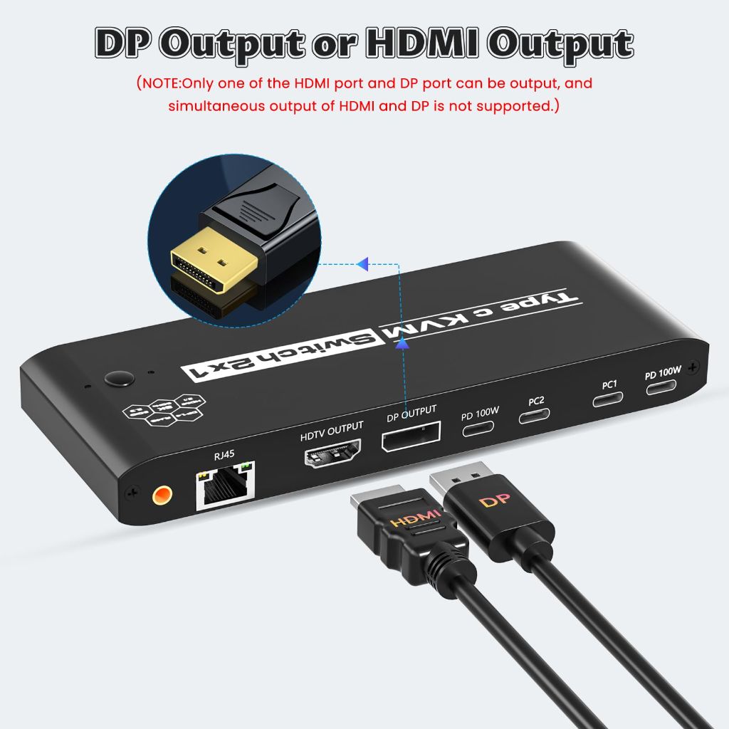 KVM Switch 2 Computers 8K@60Hz USB C Switch Sharing USB 2.0 Devices, 7 Ports USB Switcher Sharing Keyboard Mouse Hard Drives Printer 2 USB C Cables Included