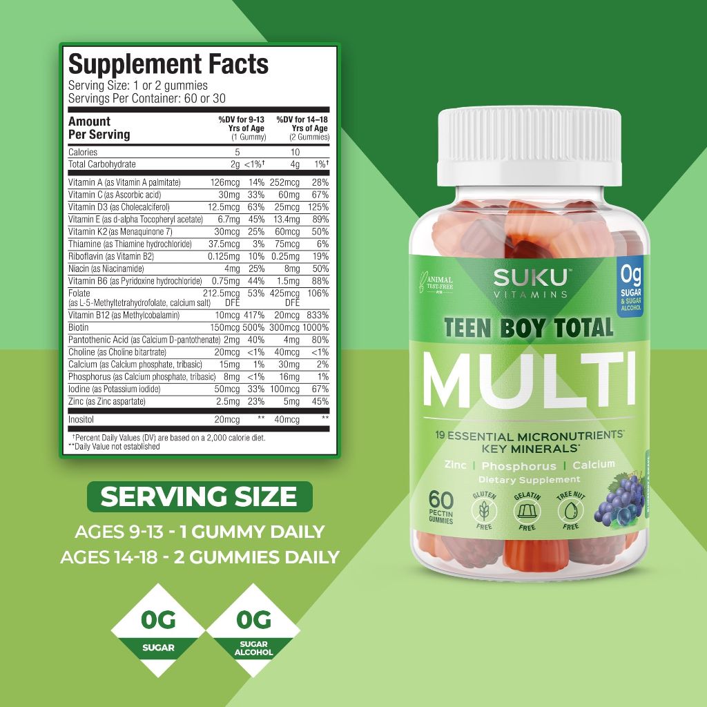SUKU Teen Boy Multivitamin Gummies – Vitamins A, B12, C, D3, E, Zinc & Biotin – Grape Flavor – 60 Count