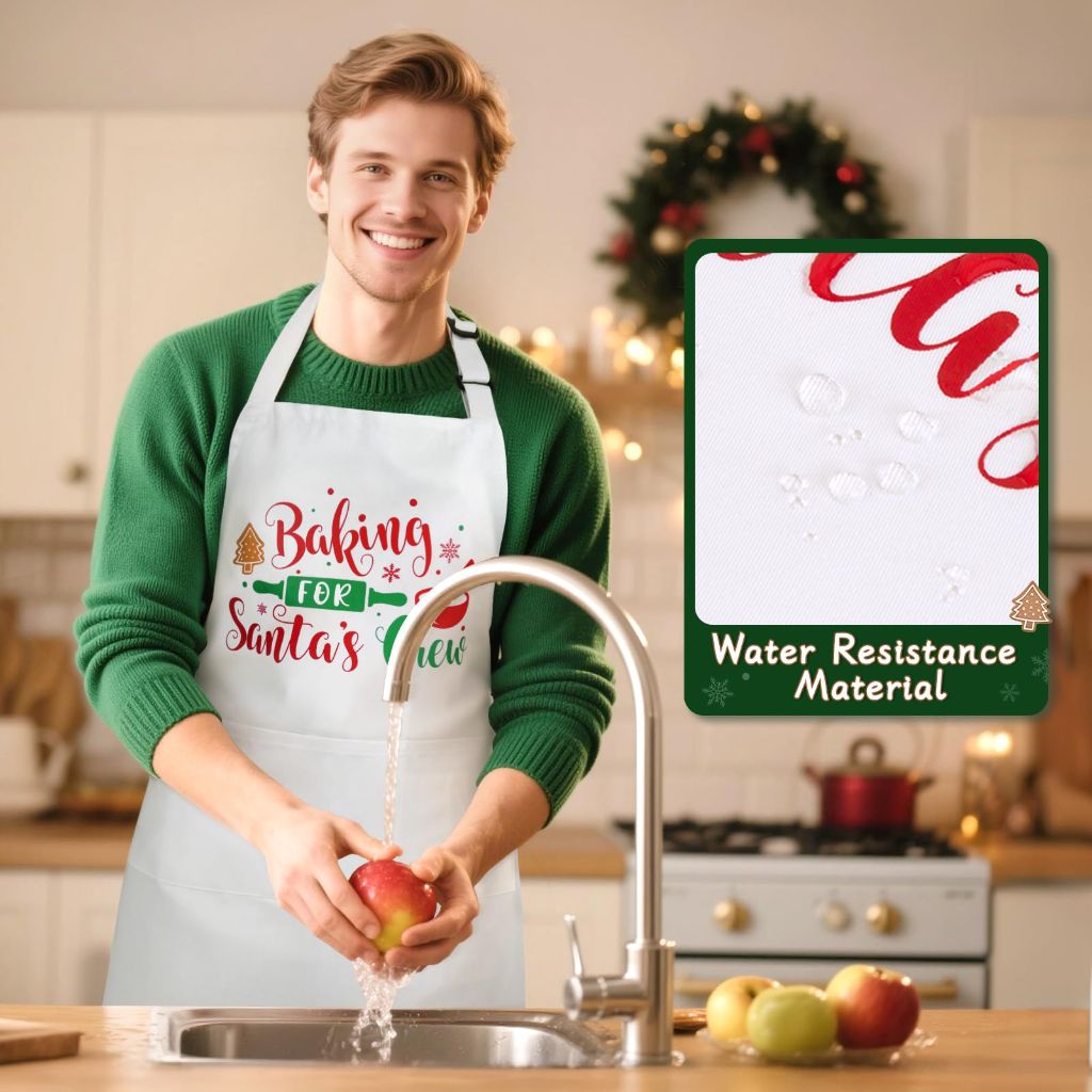 NLUS Christmas Aprons for Women Men with 3 Pockets, White