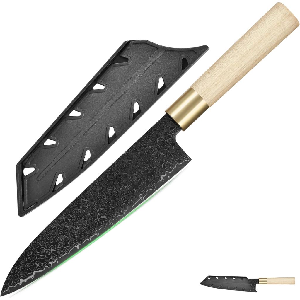 FULLHI Japanese Knife Black Damascus Steel with Sheath, handforged Blade Wood Handle Gyutou sashimi Chef Knife Kitchen Knife with Box for man women gift