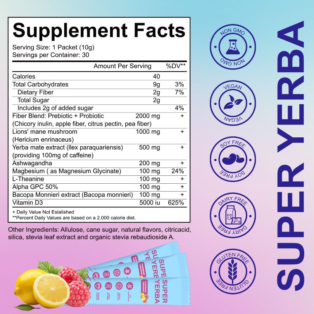 Super Yerba Mate, Powder Raspberry Lemonade , 30 Servings, Pink