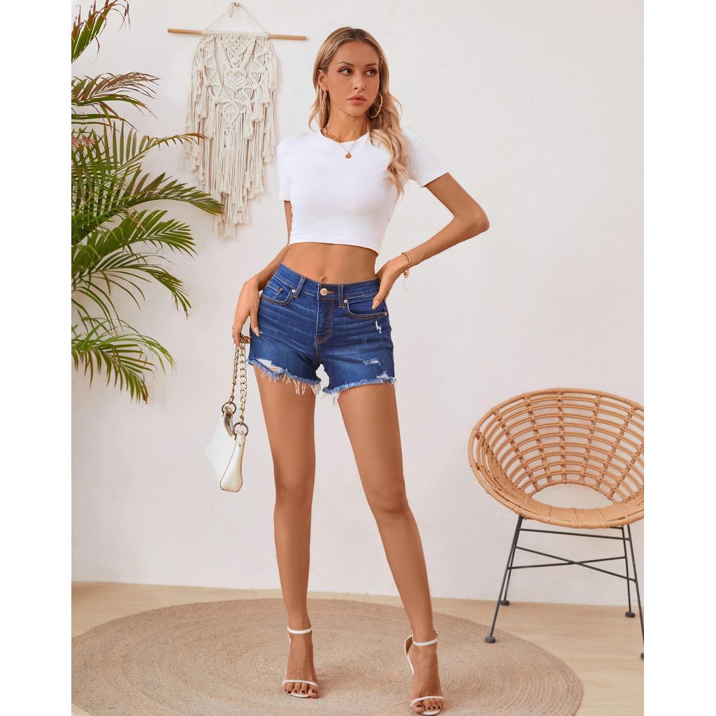 OFLUCK High Waisted Ripped Frayed Raw Hem Stretch Denim Women Shorts - size 6