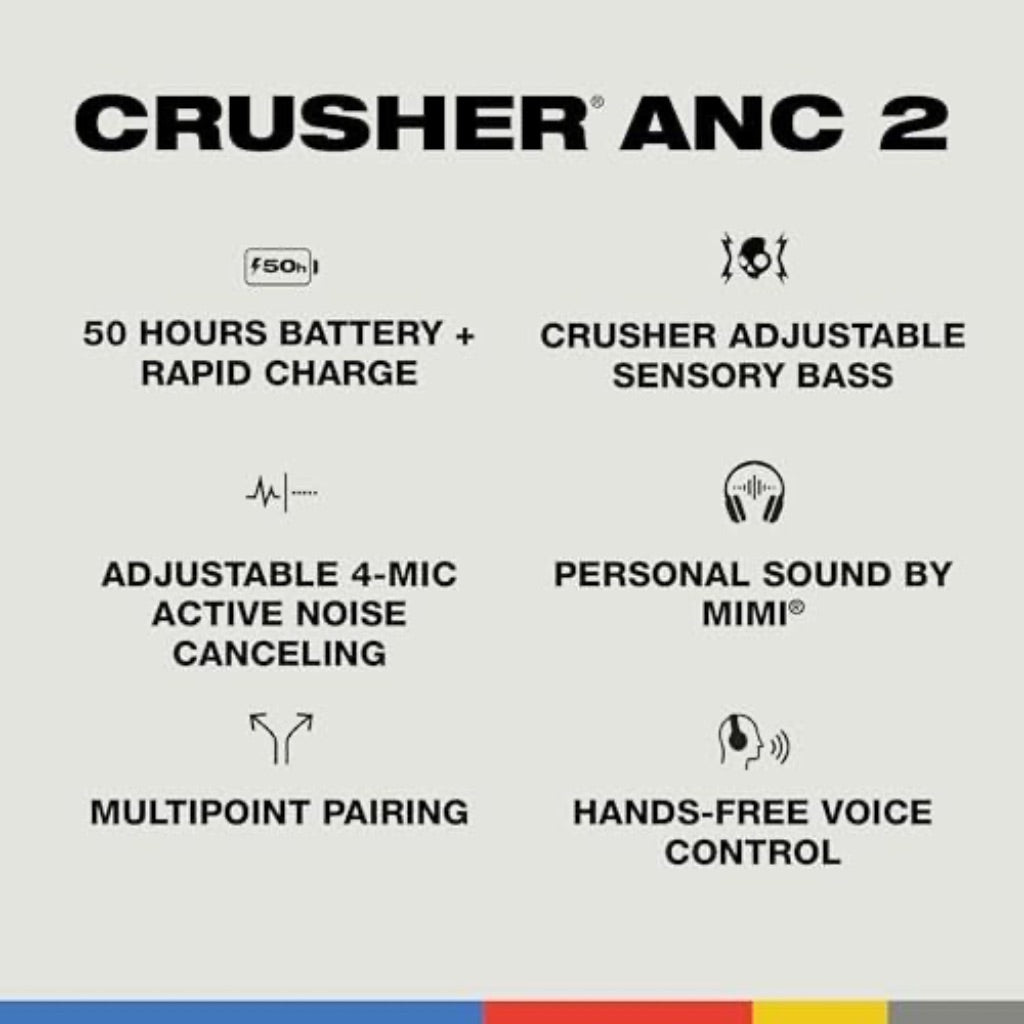 Skullcandy Crusher ANC 2 Wireless Over-Ear Bluetooth Headphones with Multi-Sensory Bass, Active Noise Cancelling, up to 60 Hours Battery, Microphone f