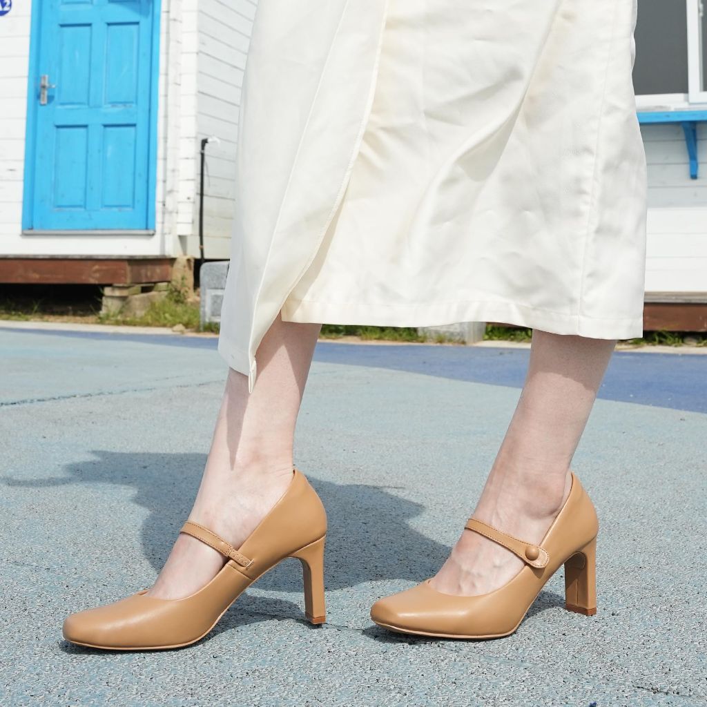 Benassal Womens Mary Janes Chunky Heels Square Toe Pumps (6,Tan)