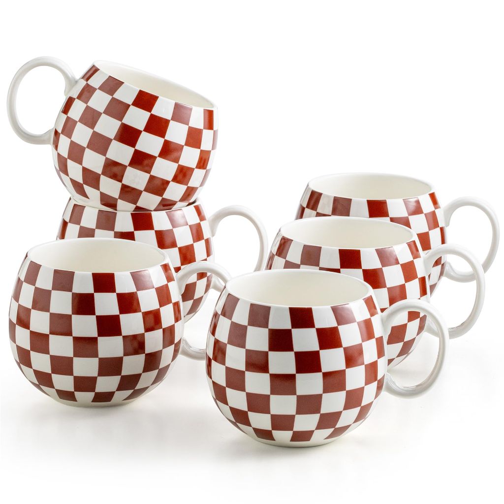 LAUCHUH Porcelain Coffee Mugs - 18 Ounce Large Mug Set of 6 Coffee Cups with Handle for Father's Day, Tea Latte Cappuccino Milk Cocoa, Dishwasher & Microwave Safe, Brown and White
