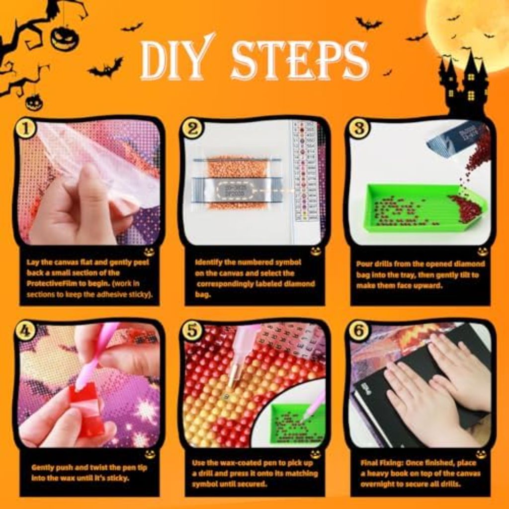 5D Diamond Art Kits for Adults, Halloween Diamond Art with Skeleton Bride, Bat, Jack-o'-Lantern Pattern, 12x16 Inch DIY Diamond Painting Kit for Home Wall Decor Ornaments Craft Gift
