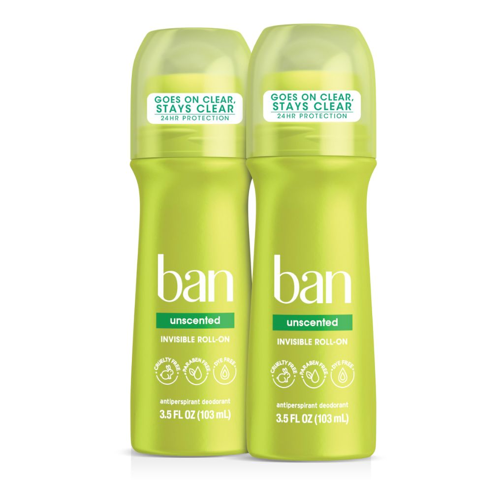 Ban Invisible Roll-on Antiperspirant Deodorant for Women and Men Unscented, 3.5 Oz, Pack of 2