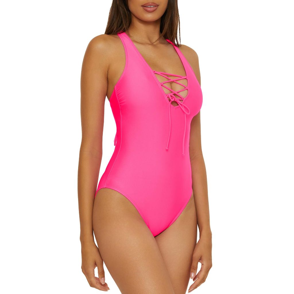 BCA By Rebecca Virtue Jemma, Women's Lace Up One-Piece Swimsuit, Neon Pink - size M