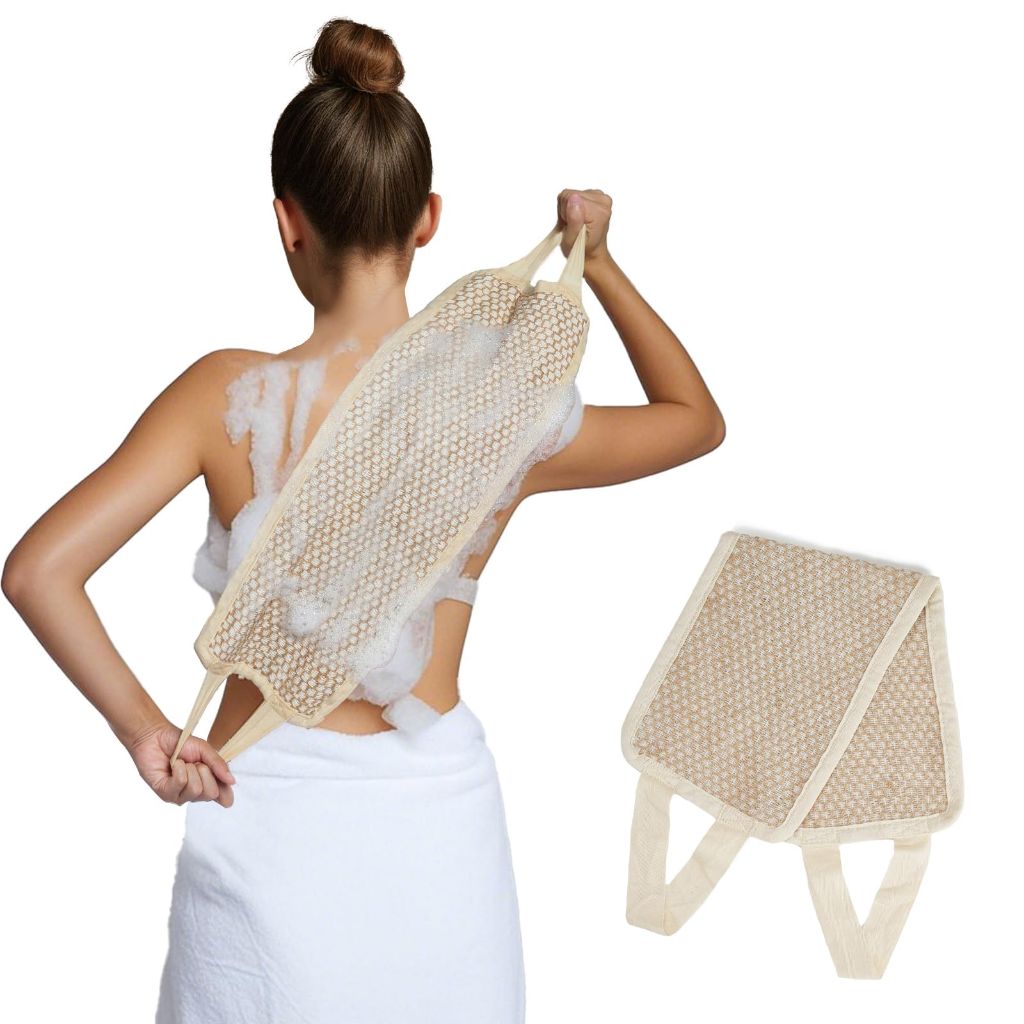Back Scrubber for Shower with Handles | Natural Jute Body Exfoliator, Long Rectangular Bath Loofah for Deep Cleansing, Reusable Loofah for Women and Men (Exfoliating Back Scrubber)