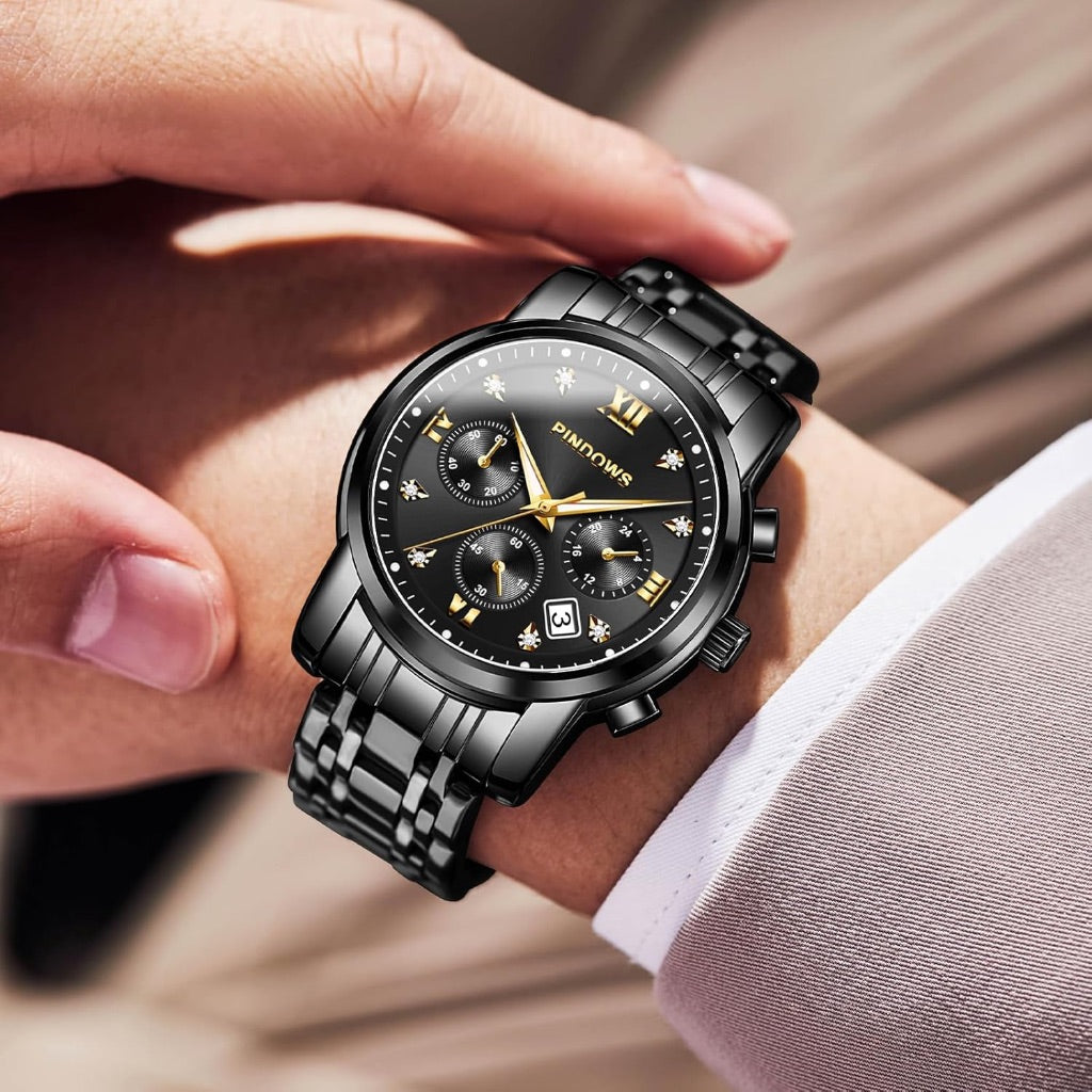 PINDOWS Men's Analog Quartz 42mm Watch - Stainless Steel Black Strap, Black Dial with Gold Numerals