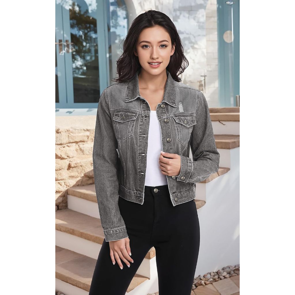 Hybrid & Company Women's Long Sleeve Denim Jacket - Grey, Size 1X